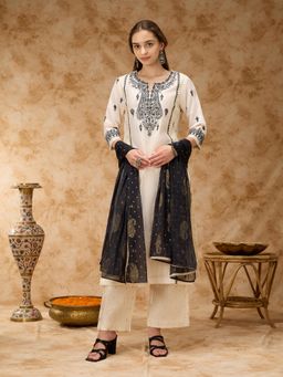 Silver Lime - Women Off White Viscose Blend Round Neck Kurta with Pant and Dupatta