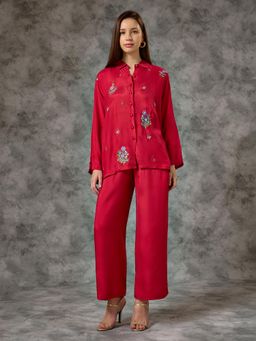 Silver Lime - Women Pink Viscose Collar Neck Shirt with Pant Co-Ord Set