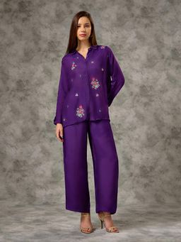Silver Lime - Women Purple Viscose Collar Neck Shirt with Pant Co-Ord Set
