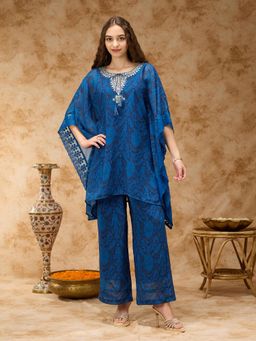 Silver Lime - Women Navy Blue Polyester Tie Up Neck Co-Ord Set