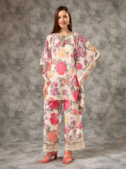 Silver Lime - Women Off White Polyester Tie Up Neck Co-Ord Set