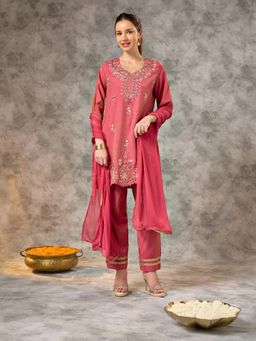 Silver Lime - Women Pink Polyester Sweetheart Neck Kurta with Pant and Dupatta