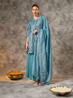 Silver Lime - Women Teal Polyester Round Neck Kurta with Palazzo and Dupatta
