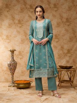 Silver Lime - Women Green Polyester Round Neck Kurta with Pant and Dupatta