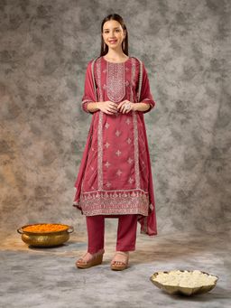Silver Lime - Women Pink Polyester Round Neck Kurta with Pant and Dupatta