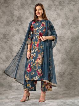 Silver Lime - Women Blue Viscose Blend Mandarin Neck Kurta with Pant and Dupatta