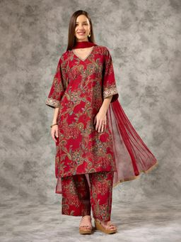 Silver Lime - Women Red Viscose Blend V-Neck Kurta with Pant and Dupatta
