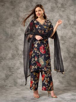 Silver Lime - Women Blue Viscose Blend V-Neck Kurta with Pant and Dupatta