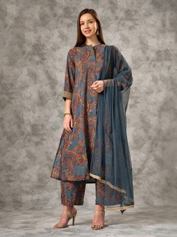 Silver Lime - Women Blue Viscose Blend Round Neck Kurta with Pant and Dupatta