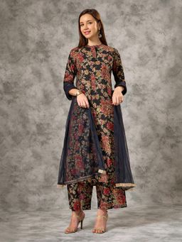 Silver Lime - Women Black Viscose Blend Mandarin Neck Kurta with Pant and Dupatta