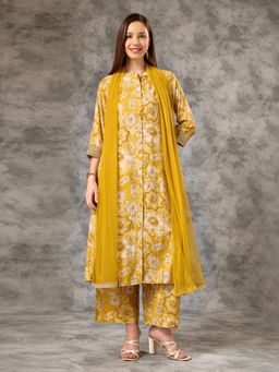 Silver Lime - Women Yellow Viscose Blend Mandarin Neck Kurta with Pant and Dupatta
