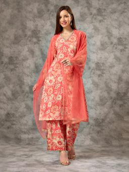 Silver Lime - Women Peach Viscose Blend V-Neck Kurta with Pant and Dupatta