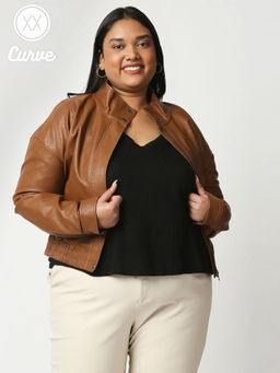 Twenty Dresses by Nykaa Fashion - Curve Brown Solid Mandarin Neck Leather Jackets