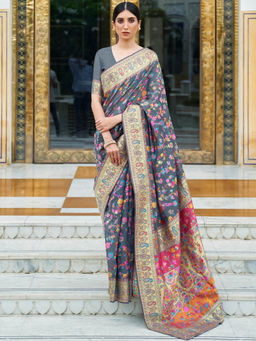 Akhilam - Women Silk Blend Grey Woven Design Celebrity Saree with Unstitched Blouse Piece
