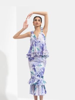 MANDIRA WIRK - Women Lavender Ume Printed Halter Neck Top with Skirt
