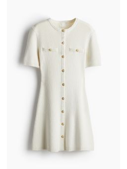 H&M - Women White Rib-Knit Button-Front Dress