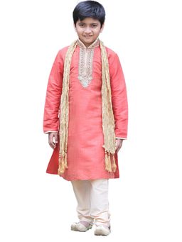 Manyavar - Boys Red Silk Traditional Kurta Pajama (Set of 2)