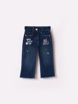Blue Giraffe - Girls Boxy Fit Navy Blue Embroidered Jeans