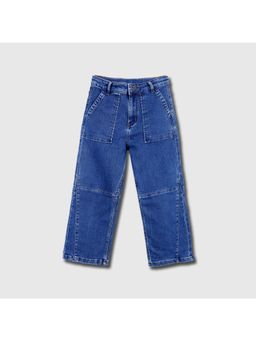 Purple United Kids - Girls Mid Blue Panelled Straight-Fit Jeans Stretch Denim