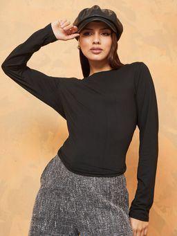 Styli - Black Long Sleeves Open Tie Back Detail Regular Fit Knit Top