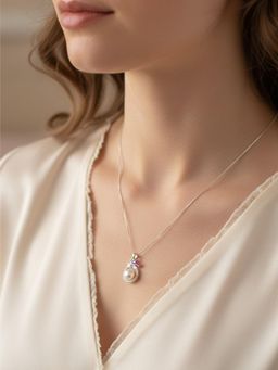 925 SILLER - 925 Pure Silver Pearl and Pink Stone Design Necklace
