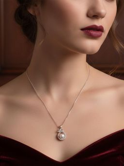 925 SILLER - 925 Pure Silver Pearl and White Stone Design Necklace