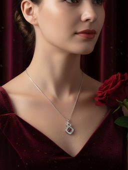 925 SILLER - 925 Pure Silver Pink Stone Studded Necklace