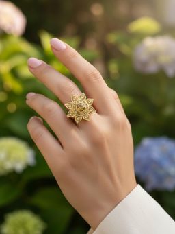 Accessher - Gold-Plated American Diamond Flower Solitaire Adjustable Ring