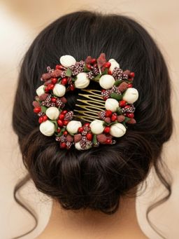 Accessher - Red-White Artificial Mogra Flower Hair Clip