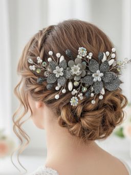 Accessher - Grey Floral Vine Tiara Bridal Bun Juda Hair Accessory
