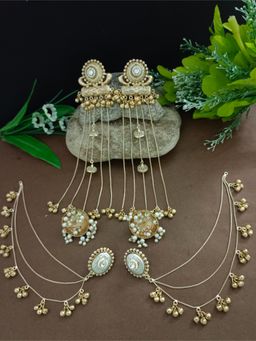 Sanjog - White Stone and Pearl Kashmiri Jhumka Earrings and Ear Chains (Pack of 2)