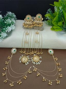 Sanjog - Green Stone Kashmiri Long Jhumka Earrings and Ear Chains (Pack of 2)