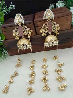 Sanjog - Pink Kundan Kashmiri Gold-Plated Stone Ghungroo Jhumka