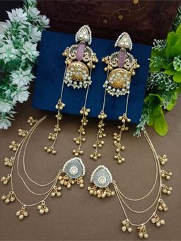 Sanjog - Pink Stone Kashmiri Long Jhumka Earrings and Ear Chains (Pack of 2)
