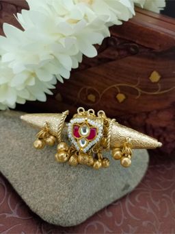 Sanjog - Gold Plated Pink Pachi Kundan Studded Ghungaroo Ring