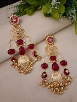 Sanjog - Gold-Plated Maroon Kashmiri Stone and Ghungroo Drop Earrings