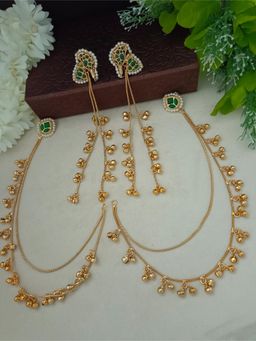 Sanjog - Kashmiri Green Kundan Ghungaroo Drop Earrings and Ear Chains (Pack of 2)