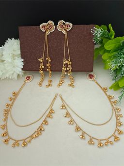 Sanjog - Kashmiri Red Kundan Ghungaroo Drop Earrings and Ear Chains (Pack of 2)