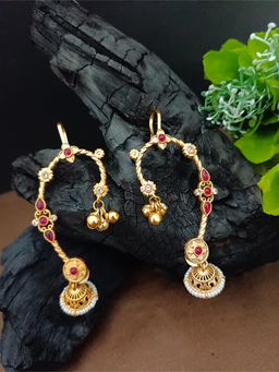 Sanjog - Gold-Plated Red Stone Jhumka Earrings