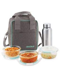 MAGNUS - Vivid Glass Lunch Box with Linen Vertical Pouch And Fixed Clip, 1 Ss Bottle (700 Ml)