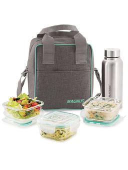 MAGNUS - Vivid Glass Lunch Box with Linen Vertical Pouch And Fixed Clip, 1 Ss Bottle (700 Ml)