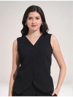 Twenty Dresses by Nykaa Fashion - Womens Black V-Neck Sleeveless Button Front Textured Top