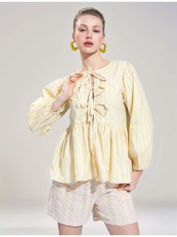 Twenty Dresses by Nykaa Fashion - Womens Tie-Up Neck Balloon Sleeves Yellow Stripes Peplum Top