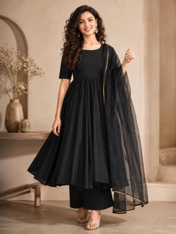 Mulmul - Black Sequin Cotton Anarkali with Palazzo & Dupatta