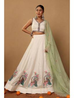 SILCHIC - White Embroidered Peacock Lehenga & Blouse with Dupatta