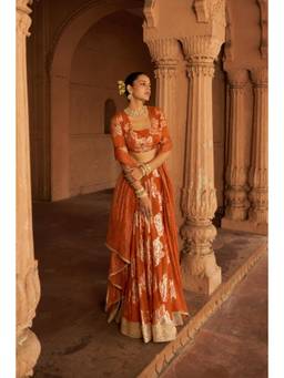 SILCHIC - Orange Embellished Thread Work Lehenga and Blouse With Dupatta