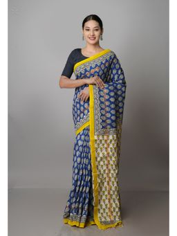 Unnati Silks - Navy Blue & Cream Pure Preet Bagru Chanderi Sico Saree with Unstitched Blouse