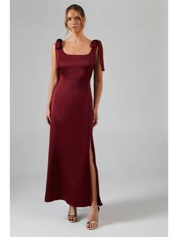 Oasis - Wine Satin Tie Shoulder Maxi Bridesmaid Dress
