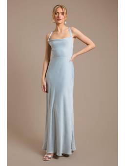 Oasis - Light Blue Cross Shoulder Tie Back Satin Maxi Bridesmaid Dress