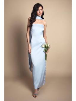 Oasis - Light Blue Bandeau Satin Bridesmaid Maxi Dress With Scarf